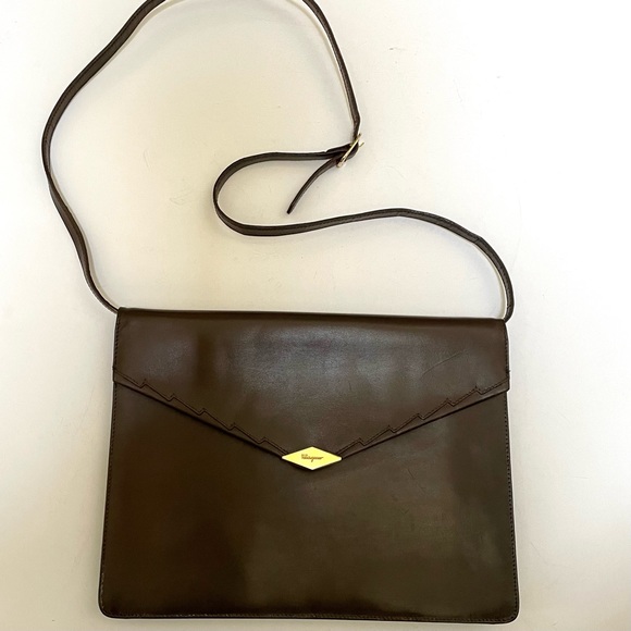 VTG Salvatore Ferragamo Leather Covertible Envelope Bag Purse Brown w Box - Picture 5 of 13